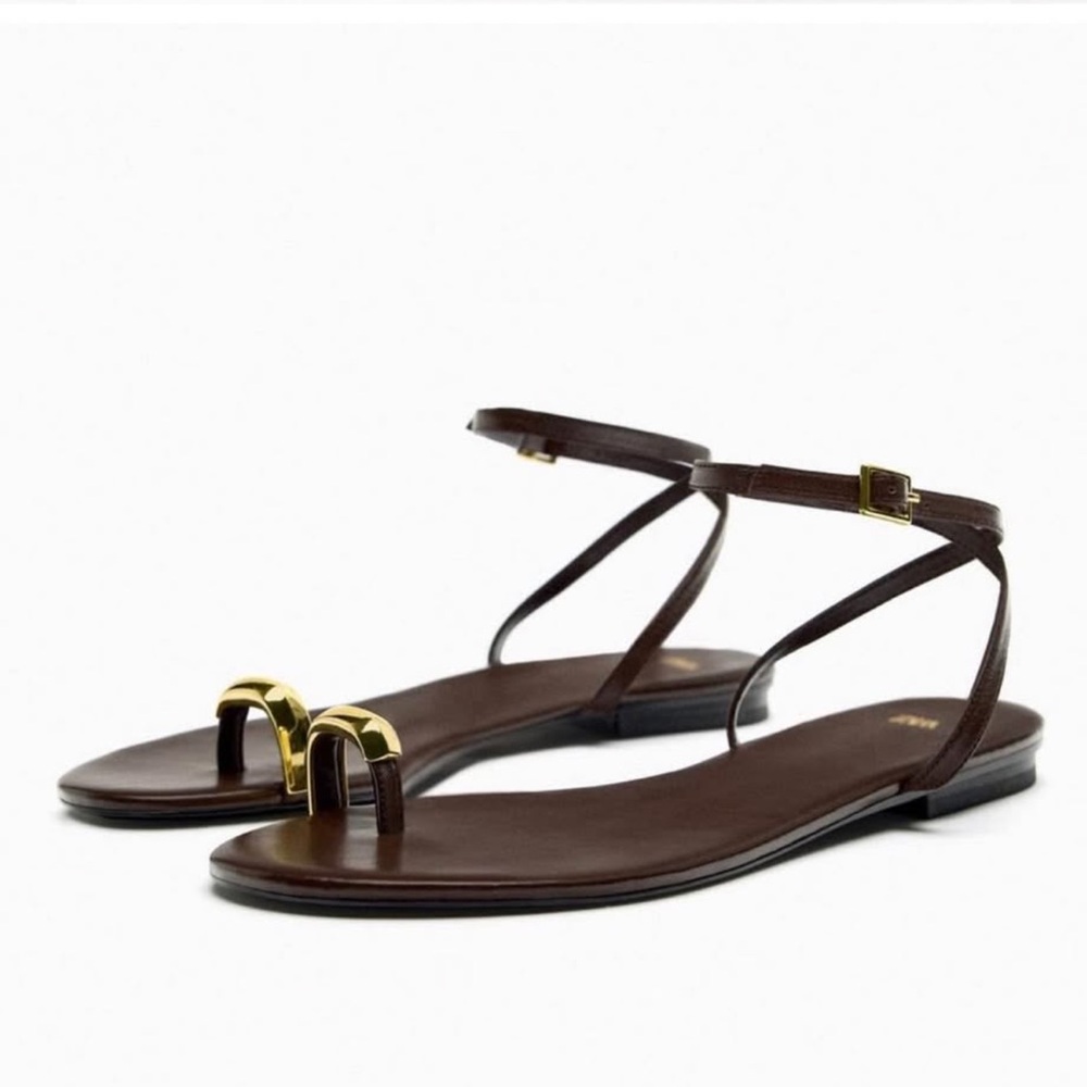Zara Elegant Brown Sandals with Gold Accents